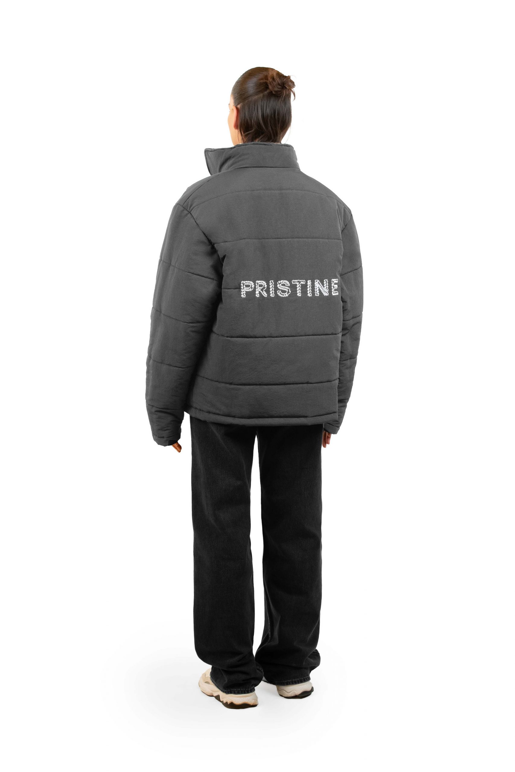Pristine Original Gray Quilted Puffer Jacket with Glow-in-the-Dark Logo Back View