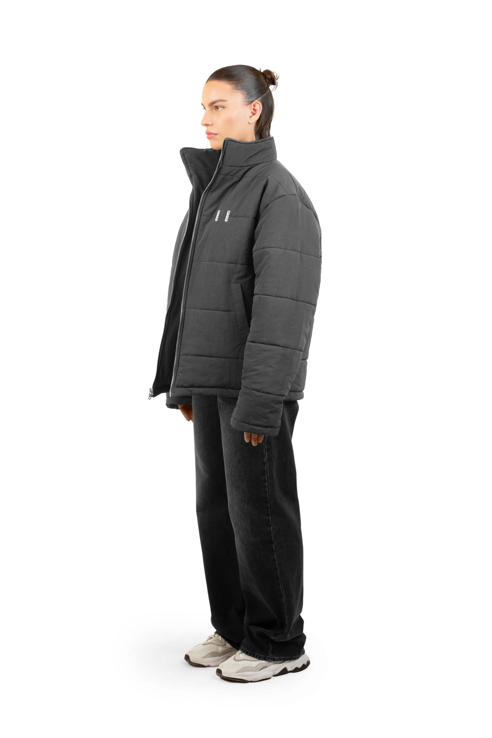 Pristine Original Gray Quilted Puffer Jacket Front Side View Two-Line Logo