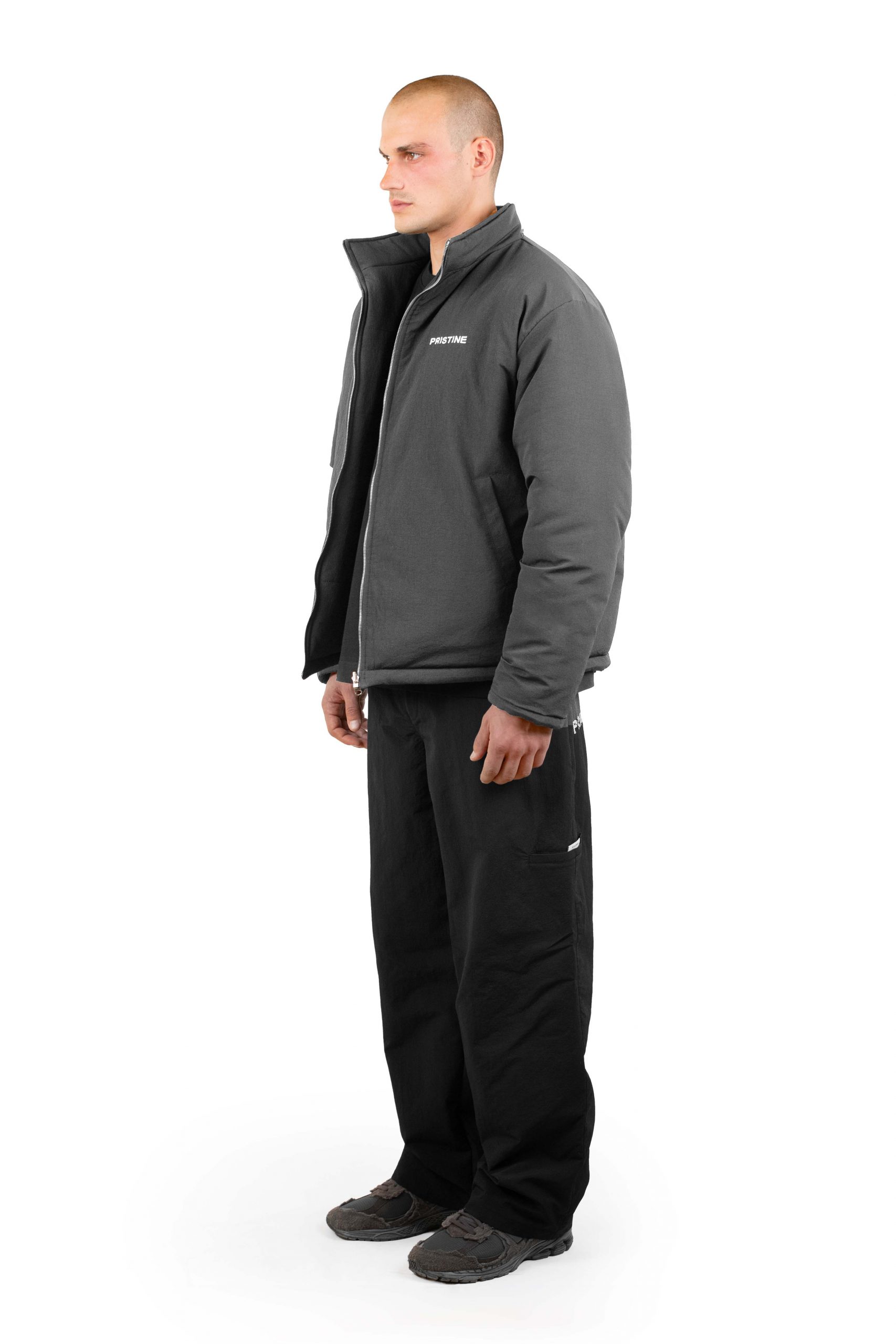 Pristine Original Full Body View Gray Quilted Puffer and Black Cargo Pants Technical Set